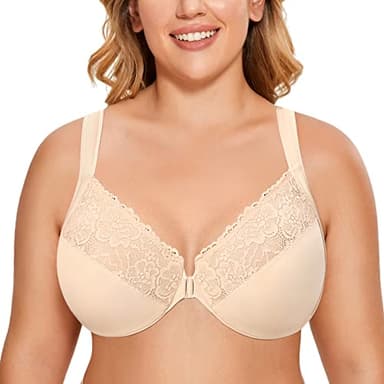 DELIMIRA Women's Front Closure Bras Plus Size Full Coverage Underwire Unlined Supportive Lace Bra Beige 44C