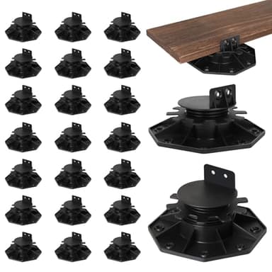 24 Pack Adjustable Deck Support Pedestals, Shed Foundation Base Deck Blocks Floor Raising 1-3/16" to 2-3/8", Joist Support Plastic Pedestals for Outdoor Anti-Corrosive Wood (Black)