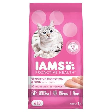 IAMS Proactive Health Sensitive Digestion & Skin Dry Cat Food, Adult Cat Food Dry Recipe with Real Turkey, 6 lb. Bag