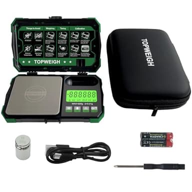 TOPWEIGH Pocket Scale, Dual Powered, Precision Gram Jewelry Scale with Zipper Case, Digital Small Coin Scale, Large Backlight Display, 500g x 0.01g, 6 Weighing Units,Cal Weight, USB Cable Included