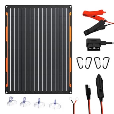 FlexSolar 20W 12V Solar Panel Battery Charger Maintainer Kits Trickle Charger with Built-in Charge Controller, Cigarette Lighter, Alligator Clips, O-Rings OBDII Connector for Car, Truck,Tractor, Boat
