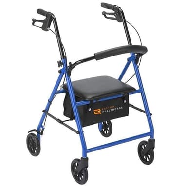 Rhythm Healthcare 4 Wheel Rollator, Steel Walker with 12x12" Seat and 6" Wheels - Height Adjustable for Comfort, 300 lb Weight Capacity, Blue