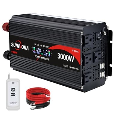 3000 Watt Power Inverter 12V to 110V/120V DC to AC Converter 6000W Peak, with Remote Control & LCD, 4 AC Outlets & 4 USB Ports Power Inverters for Vehicles Car Truck Boat RV Camping Solar System EPS