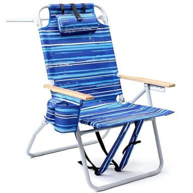 Tall Beach Chairs for Adults, 17" High Backpack Beach Chair with Wooden Armrests, 5 Positions Reclining Heavy Duty Chair with Large Cooler Pouch, Support to 350LBS Striped Blue,1pack