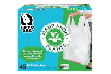 Hippo Sak - Plant Based Tall Kitchen Garbage Bags with Ergonomic Handles - 13 Gallon Trash Bags - Recyclable & Reduced Carbon Footprint - Super Strong and Leak Proof Tall Kitchen Trash Bags (45 Count)