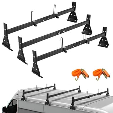 CIRONBOW Universal Roof Ladder Rack for Van, Adjustable Length 57''-65'', 3 Bars - Fit Chevy Express Vans 1996-Up, 800LB Load-Capacity, Matte Coating