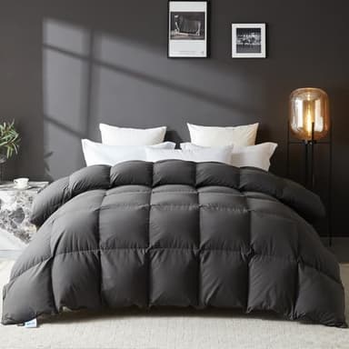 L LOVSOUL Goose Feather Down Fiber Comforter Queen Size, 100% Organic Cotton Fabric Duvet Insert,1200TC,750+Fill Power, Hotel Collection, All Season Grey Bedding Comforters with 8 Tabs