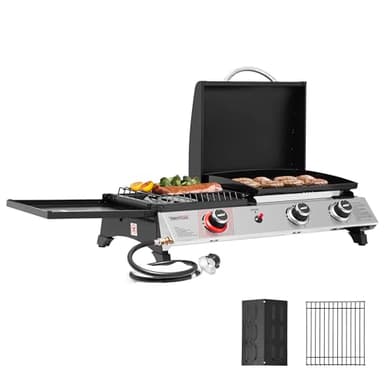 Royal Gourmet PD1305H 3 Burner Propane Gas Grill and Griddle Combo with Lid, 3-in-1 Grill Griddle Combo with 29,000 BTUs Output for Outdoor Cooking, 364 Sq. In. Cooking Area, Silver & Black