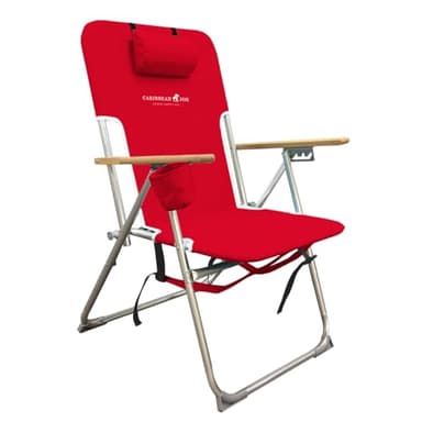 CARIBBEAN JOE 300lb Capacity Folding Beach Sand Chair, 4 Position Reclining, High Seat, Portable Backpack Carry Straps, Camping, Headrest, Cup Holder, Wooden Armrests, Red