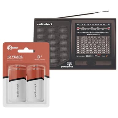 RadioShack Portable Radio Multi Band World Receiver with TV Band + 4 Pack D (UM1) Alkaline Batteries Included for Power