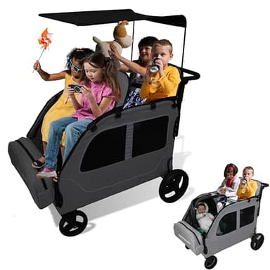 Germinate 4 Seater Wagon Stroller, Large Wagon for Kids 2 3 Toddler Travel All Terrain Daycare Quad Triple Twin Double Side by Side Stroller with Canopy Convertible Seats (Dark Grey)