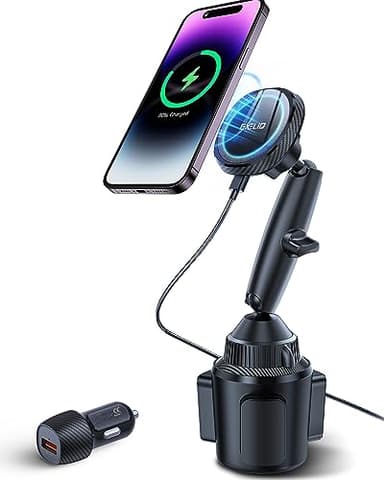 EXELIQ Cup Holder Charger Mount for Magsafe, Wireless Magnetic Car Mount Charger with Heat Dissipation System, 15W Fast Charging Phone Holder for iPhone 17 16 15 14 13 Pro Max Mini with PD 30W Adapter