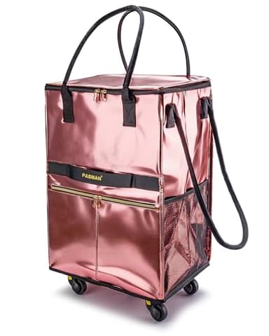 Reusable Grocery Bag on 5 Wheels, Foldable Rolling Tote Bag with Handle and Zipper Cover, Heavy Duty Shopping Cart for Laundry, Market & Travel (Pink, Medium_67L)