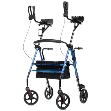 ELENKER Upright Walker, Stand Up Rollator Walker with Padded Seat and Backrest, Lightweight, Compact Folding, Fully Adjustment Frame for Seniors, Blue