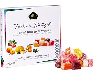 Cerez Pazari Turkish Delight Candy With Assorted Flavors 16 oz, Gourmet Snacks Gift Box, No Nuts Sweet Traditional Confectionery Vegan Candy Dessert Lokum Loukoumi Approx.33-38 pcs