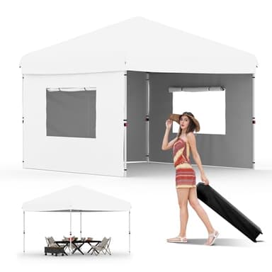 10x10 Pop Up Canopy with 3 Sidewalls - Easy Up Camping Tent with One Button Push Setup - 1 Roller Bag, 3 Adjustable Height, 4 Weight Bags for Deck, Garden, Sports, Beach, Party - White