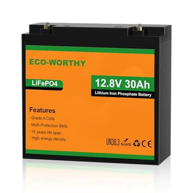 ECO-WORTHY 12V 30Ah LiFePO4 Lithium Battery, 4000+ Deep Cycle Rechargeable Battery with BMS for Ham Radio, Fish Finder, Replacement of 12V 35AH SLA