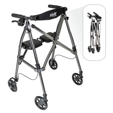 Stander Space Saver Rollator, Lightweight Folding Rolling Walker with Seat for Seniors & Adults, 4-Wheel Mobility Aid with 6-inch Wheels, Locking Brakes & Padded Seat with Backrest, Black Walnut