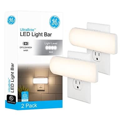 GE Ultrabrite LED Light Bar Night Lights Plug Into Wall Room Decor Ambient Lighting High/Low/Off Switch Bright Nightlight, White, 200 Lumens, 2 Pack