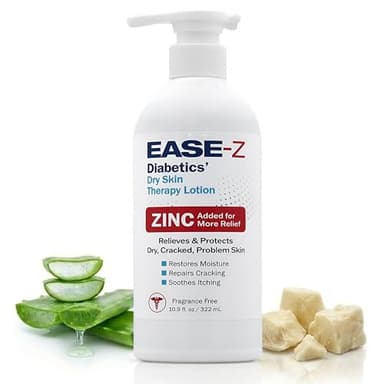 EASE-Z Diabetic Lotion for Dry Skin. Clinically Proven ingredients and ZINC relieve dryness, reduce redness, and calm itching. With Shea Butter. Fast-Acting, Long-Lasting. 10.9 oz
