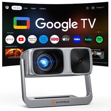 2000 ANSI Official Licensed Google TV Outdoor Projector 4K Decoding, Smart Projector with Wifi and Bluetooth, Auto Focus, Dolby Sound, Built-in Apps, HAPPRUN Indoor Home Theater with 270° Stand