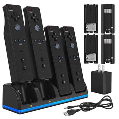 Remote Controller Charger for Wii/Wii U With 4 Pack 2800mAh Rechargeable Battery Pack, 4 Port Charging Station for Controller, Remotes Not Included