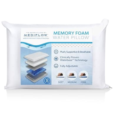 Mediflow Water Pillow with Memory Foam — Adjustable Waterbase; One-Piece Foam; Clinically Shown to Reduce Neck Pain; Deep, Uninterrupted Sleep; Side/Back/Stomach Sleepers, Standard/Queen (Single Pack)
