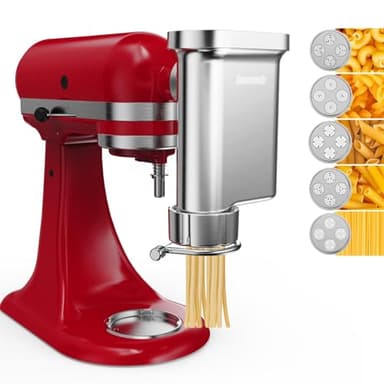 Metal Gourmet Pasta Press Attachment for KitchenAid Stand Mixer – Durable Pasta Maker Attachment with 5 Interchangeable Plates for Spaghetti, Bucatini, Fusilli, Large & Small Macaroni