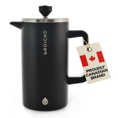 GROSCHE Dub'lin Stainless Steel Coffee Maker French Press 8 Cup | 34 FL Oz Coffee Press, 18/8 Double Walled Stainless Steel French Press Coffee Maker - Hot/Cold Brew | Stainless French Press - BLACK