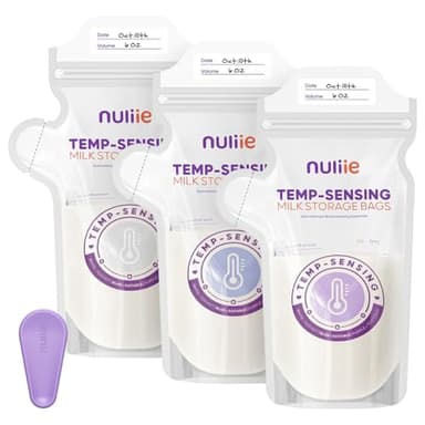 Nuliie 100pcs Temp-Sensing Breastmilk Storage Bag, Huge Temp-Sensing Icon & Locking Clamp, 6oz Breast Milk Storage Bags Freezer Pour Spout, Self Standing Milk Storage Bags Breastmilk, BPA-Free No-Leak