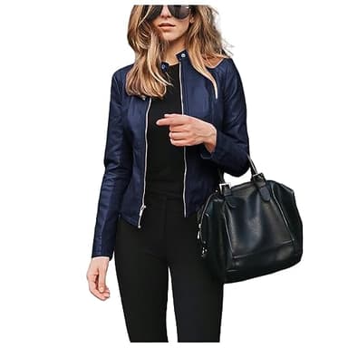 Zyuoel Faux Leather Jacket Varsity Moto Biker Bomber Jackets Short Coat Casual Lightweight Outerwear Coats 2025 Spring Navy