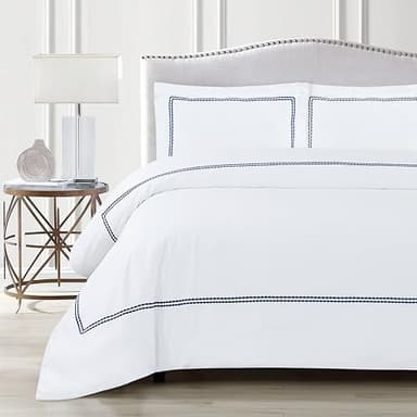 Dreamology White Duvet Cover Luxury Hotel Quality Bedding Set 100% Cotton Embroidered Duvet Covers with 2 Pillow Shams Hypoallergenic Zipper Closure 3 Pieces Duvet Set (Blue T-200, Full)