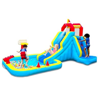 Bounwell Inflatable Water Slide, Blow Up Water Slide with Climbing Wall, Water Slide for Kids Backyard with Basketball Hoop, Water Cannon and Splash Pool