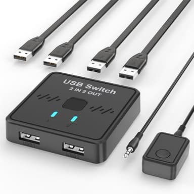 USB Switch 2 in 2 Out for Sharing Keyboard and Mouse Between Two Computers, All-in-One Machine, Printer, USB Switcher with 2 USB Cables and External Controller