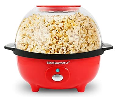 Elite Gourmet EPM330R Automatic Stirring 12-cup Popcorn Maker Popper, Hot Oil Popcorn Machine w/Measuring Cap & Built-in Reversible Serving Bowl, Great for Home Party Kids, Safety ETL Approved, Red