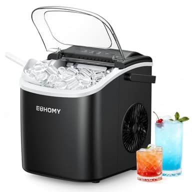 EUHOMY Countertop Ice Maker Machine with Handle, 26lbs in 24Hrs, 9 Ice Cubes Ready in 6 Mins, Auto-Cleaning Portable Ice Maker with Basket and Scoop, for Home/Kitchen/Camping/RV. (Black)