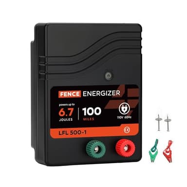 Electric Fence Charger AC Powered 100 Miles 300 Acres, 110 Volt 6.7 Joule Plug-In Electric Fence Energizer, Output Voltage Max 10.2 kV for Livestock, Preventing Predators from Intruding
