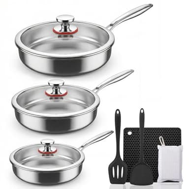 KEGDAN Tri-Ply Stainless Steel Frying Pan Set With Lids, 13pcs Stainless Steel Cookware Set with Detachable Handle, Induction Compatible Skillets for All Stovetops, Dishwasher and Oven Safe, Sliver