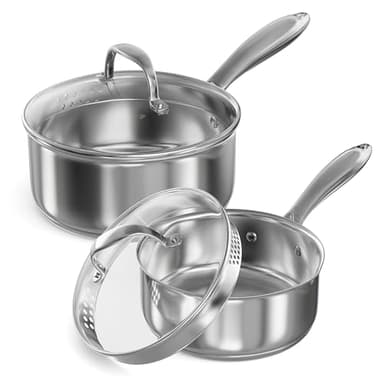 Stainless Steel Saucepan Set with Strainer Glass Lid, 1-Quart and 2-Quart Tri-Ply Capsule Bottom Sauce Pan/Pot, Two Pour Spout, Dishwasher and Oven Safe