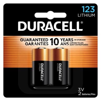 Duracell CR123A 3V Lithium Battery, 2 Count Pack, 123 3 Volt High Power Lithium Battery, Long-Lasting for Home Safety and Security Devices, High-Intensity Flashlights, and Home Automation