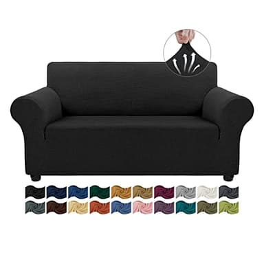 Asnomy Sofa Covers for 2 Cushion Couch Stretch loveseat Cover Slipcovers, Pet Protector Furniture Covers for Dogs Cats Spandex Jacquard Fabric Small Checks（Medium， Black）