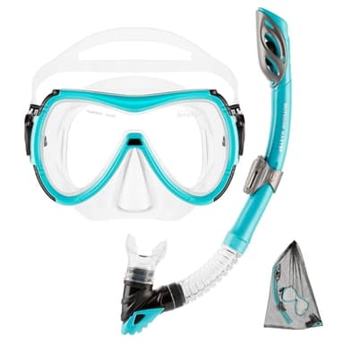 OutdoorMaster Mobula Snorkeling Gear for Adults, Diving Mask and Snorkel Set with Tempered Glass Anti-Fog, TOP Dry Snorkel for Diving Snorkeling Swimming,Aqua