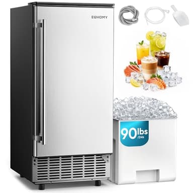 EUHOMY 15" W Commercial Under Counter Ice Maker Machine, 90 Lb/Day Auto-Cleaning & 24H Timer, Gravity Drainage,Stainless Steel Built-in Freestanding Ice Maker, 24 Lb Bin, Ideal for Commercial & Home