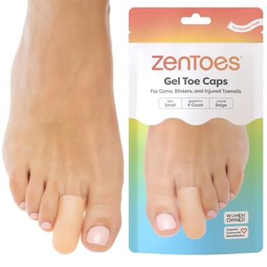 ZenToes Gel Toe Caps – Silicone Toe Protectors for Cushioning & Nail Coverage – Relief from Missing or Ingrown Toenails, Corns, Blisters or Hammer Toes, Reusable Daily Wear, 6 Pack (Small, Beige)