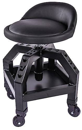 JEGS Heavy-Duty Swivel Shop Stool | 330 lb. Capacity | Steel Frame | Black Powder Coat Finish | 22 in. to 27.50 in. Height Adjustment | 16 in. Foam-Padded Seat w/360 Degree Swivel