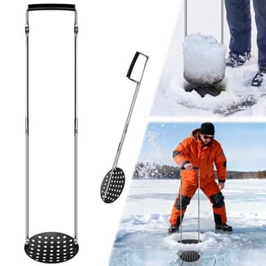 Jarquia Ice Fishing Gear Ice Skimmer for 6" Ice Augers Hole Cleaner,Foldable Ice Fishing Scoop with 35" Uprights,Aluminum Ice Fishing Accessories