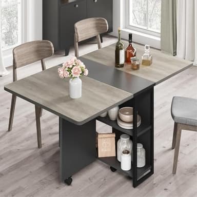 IDEALHOUSE FoldingTable, Drop Leaf Dining Table with 6 Wheels and 2-Layer Storage Shelf, Space Saving Table for Small Spaces (Slate Oak, 47.2" D x 23.6" W x 29.5" H)