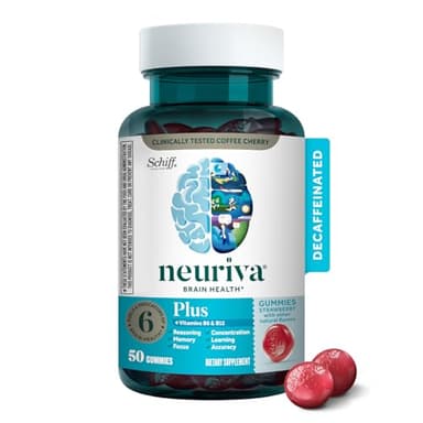 NEURIVA Plus Decaffeinated Nootropic Brain Supplement for Memory, Focus & Concentration & Cognitive Function, Clinically Tested NeuroFactor, Phosphatidylserine, Vitamins B6 B12,50ct Strawberry Gummies