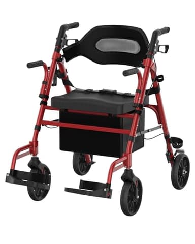 Fvzzin Walkers for Seniors with Seat, Extra Wide 2 in 1 Rollator Walker & Transport Chair with Reversible Backrest & Detachable Footrests, Foldable Wheelchair Combo with 8" Anti-Slip PU Wheels, Red