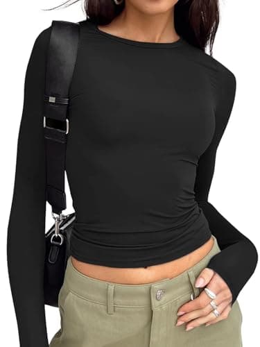 Trendy Queen Womens Long Sleeve T Shirts Fall Fashion 2025 Basic Sweatshirts Crop Tops Going Out Work Outfits Y2k Clothes Black XS